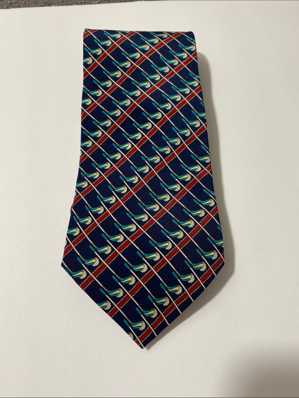 Vintage Bally of Switzerland 100% Silk Tie Navy Blue Red Green Geometric Pattern